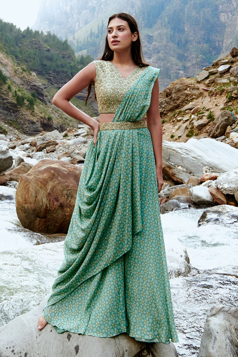 Monica Saree Set crepe by Paulmi & Harsh-kahan Sep'26 in blue for women Worldwide