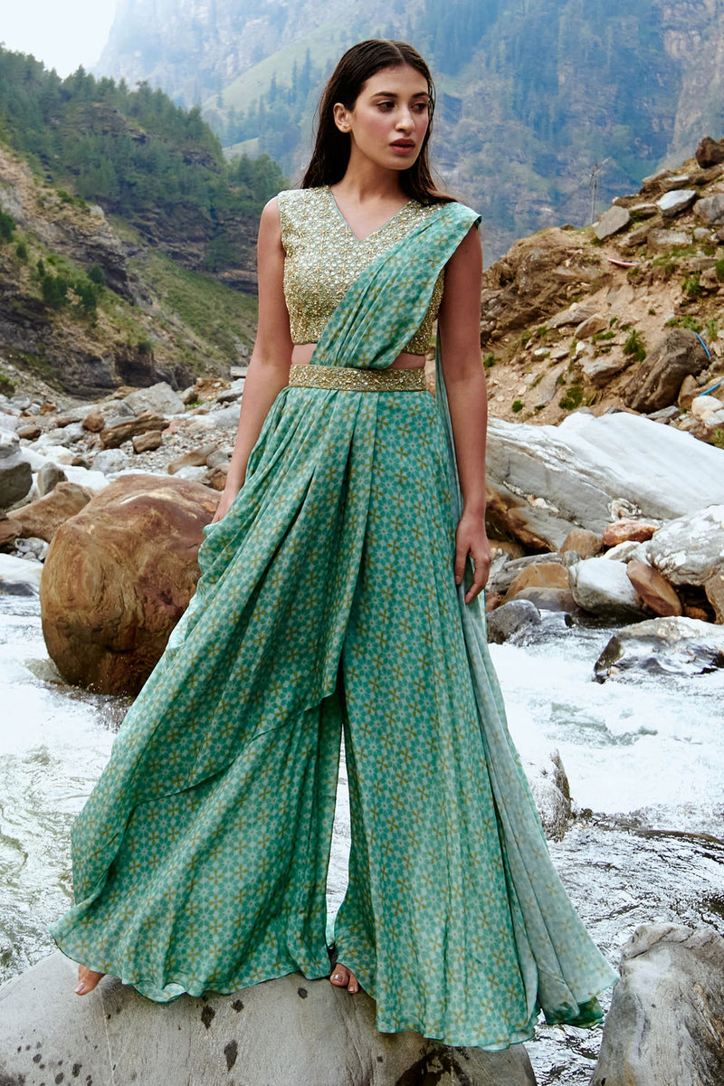 Monica Saree Set crepe by Paulmi & Harsh-kahan Sep'26 in blue for women Worldwide