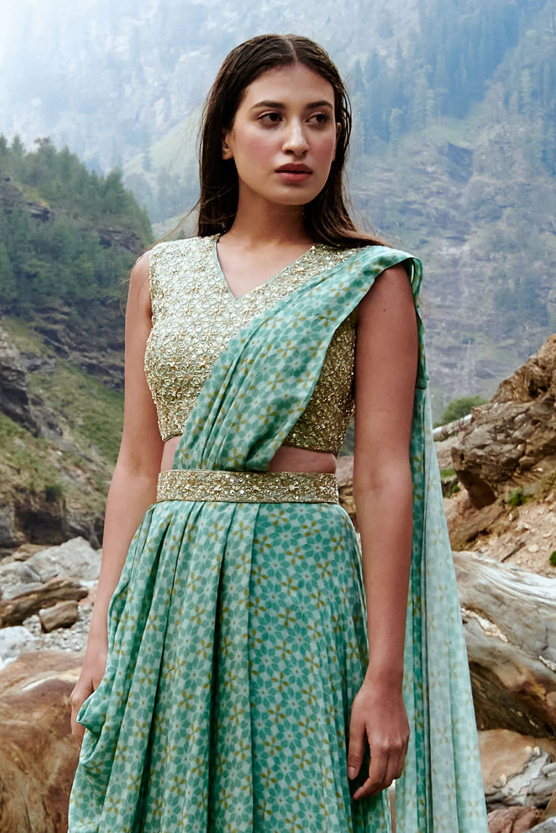 Monica Saree Set crepe by Paulmi & Harsh-kahan Sep'26 in blue for women Worldwide
