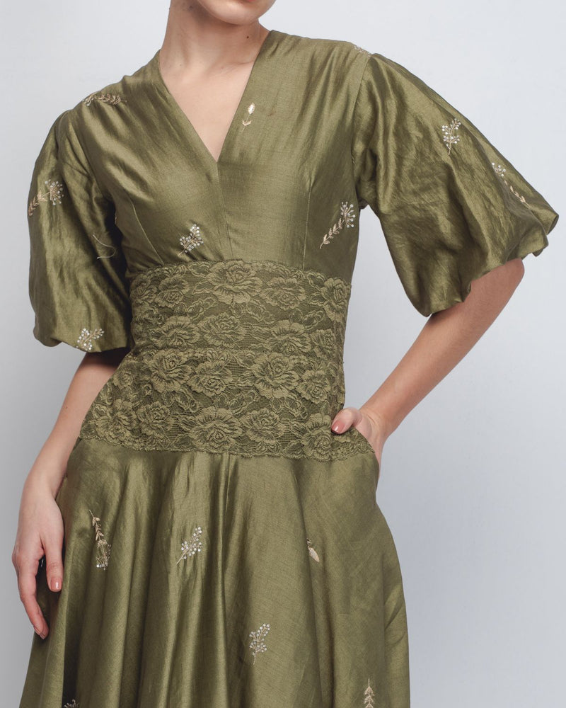 Montana Dress - Olive Green cotton by Leh Studios in green color for women Worldwide