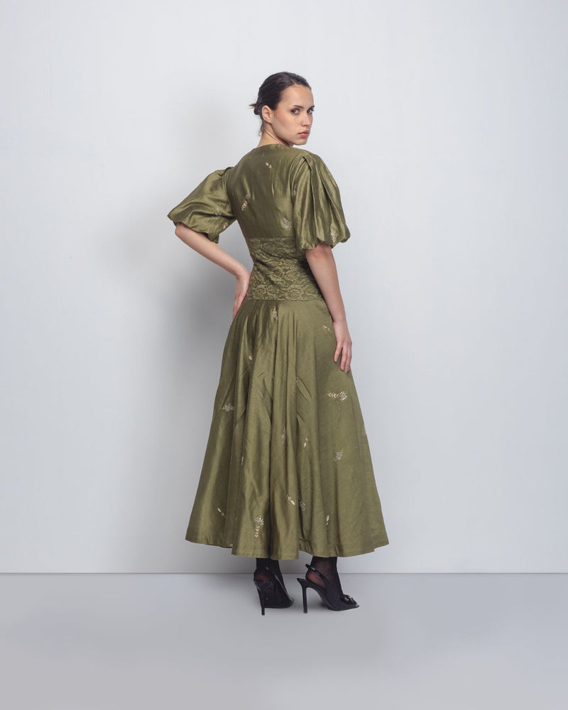 Montana Dress - Olive Green cotton by Leh Studios in green color for women Worldwide