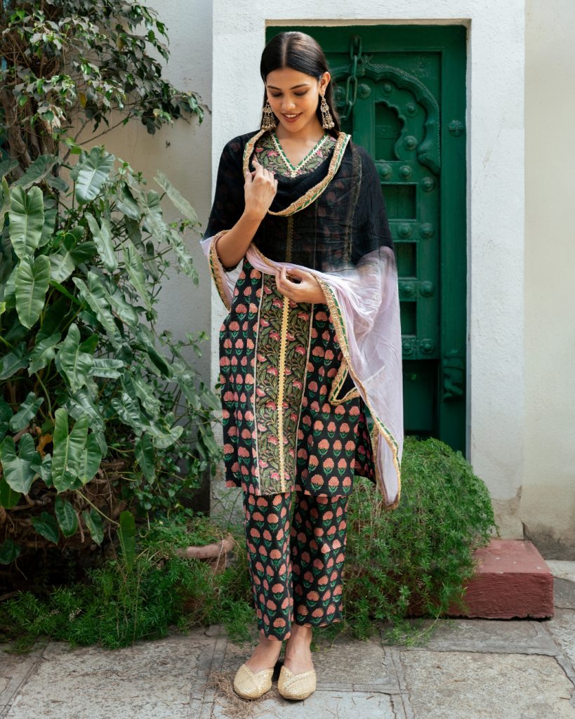 Black Block Printed Kurta Set