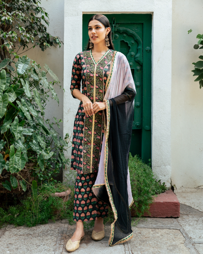 Black Block Printed Kurta Set