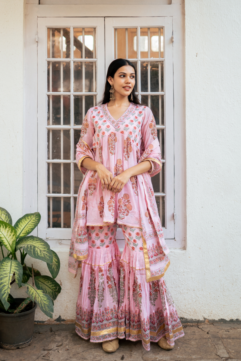 Pink Block Printed Short Kurta Set cotton by Maison Shefali in pink color for women Worldwide