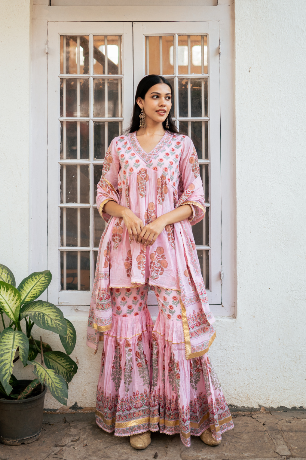 Pink Block Printed Short Kurta Set