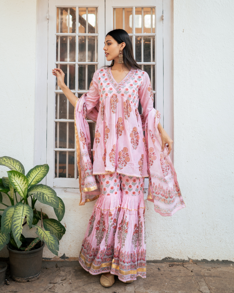 Pink Block Printed Short Kurta Set cotton by Maison Shefali in pink color for women Worldwide