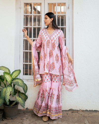 Pink Block Printed Short Kurta Set