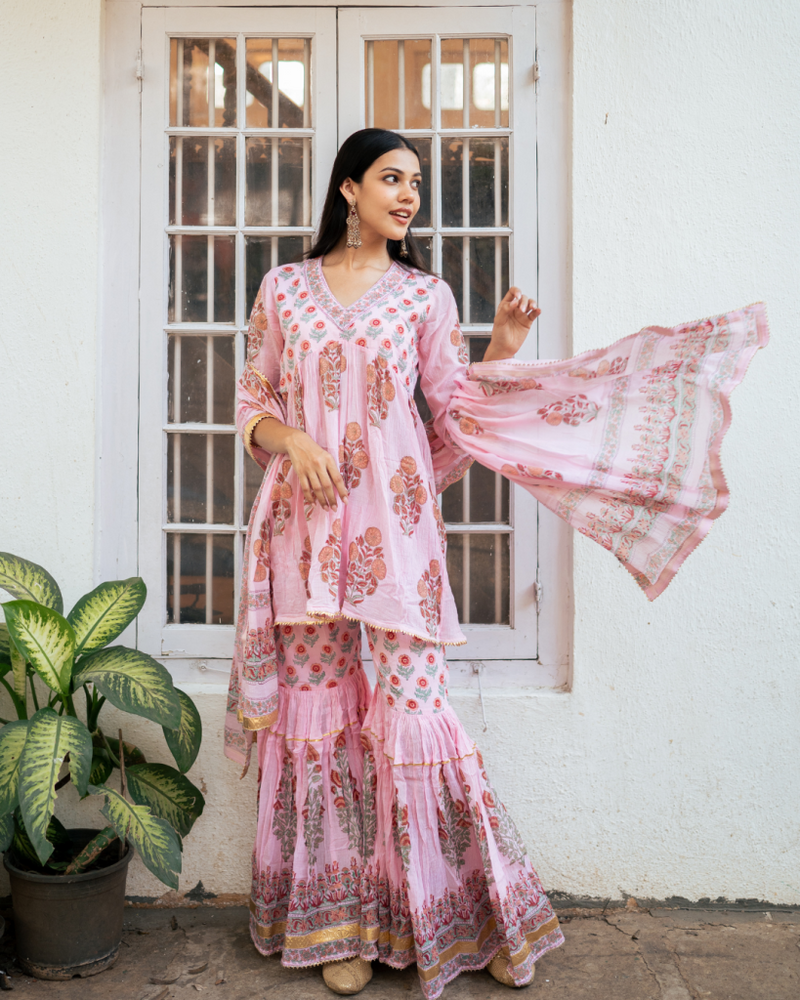 Pink Block Printed Short Kurta Set cotton by Maison Shefali in pink color for women Worldwide