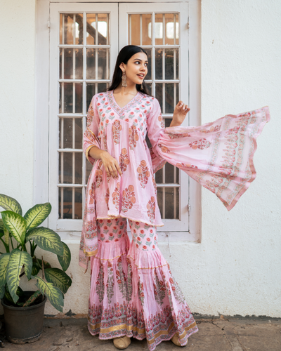 Pink Block Printed Short Kurta Set