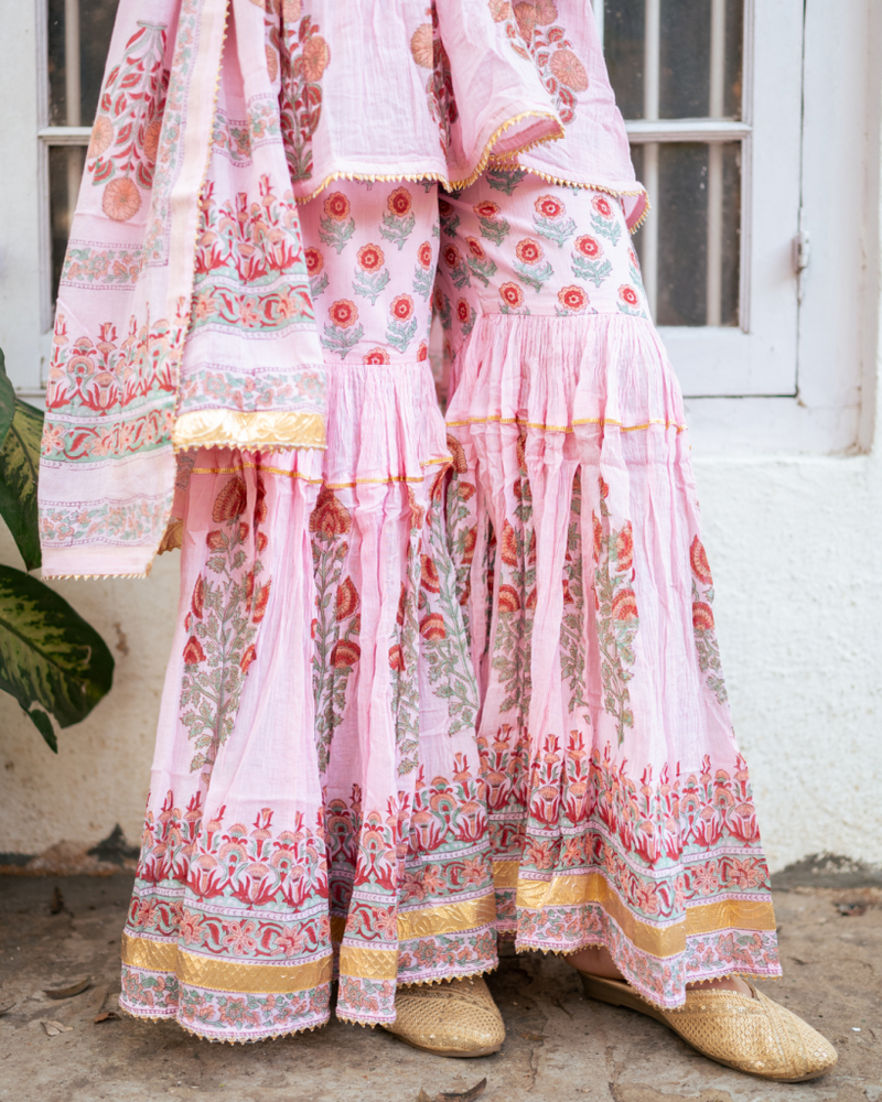 Pink Block Printed Short Kurta Set cotton by Maison Shefali in pink color for women Worldwide