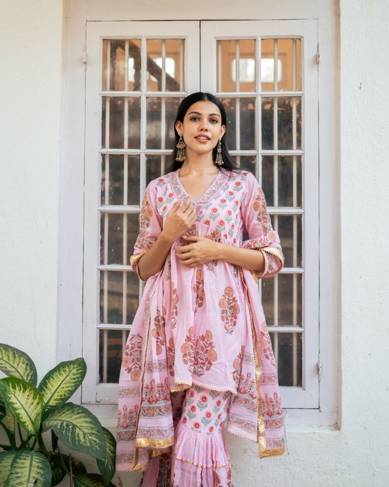 Pink Block Printed Short Kurta Set cotton by Maison Shefali in pink color for women Worldwide