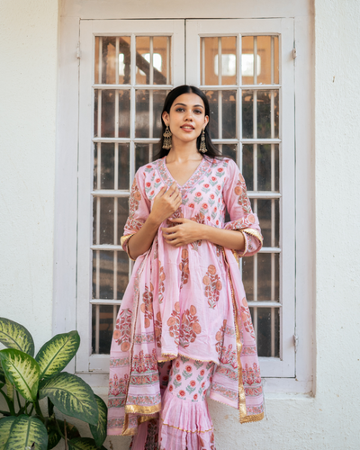 Pink Block Printed Short Kurta Set