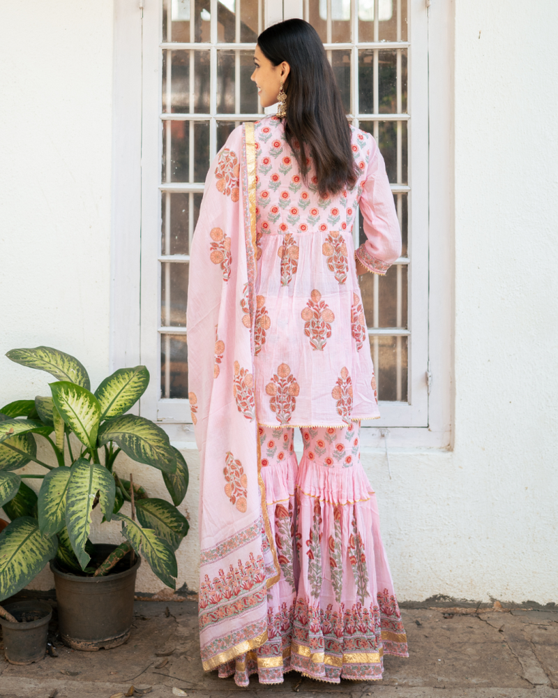 Pink Block Printed Short Kurta Set cotton by Maison Shefali in pink color for women Worldwide