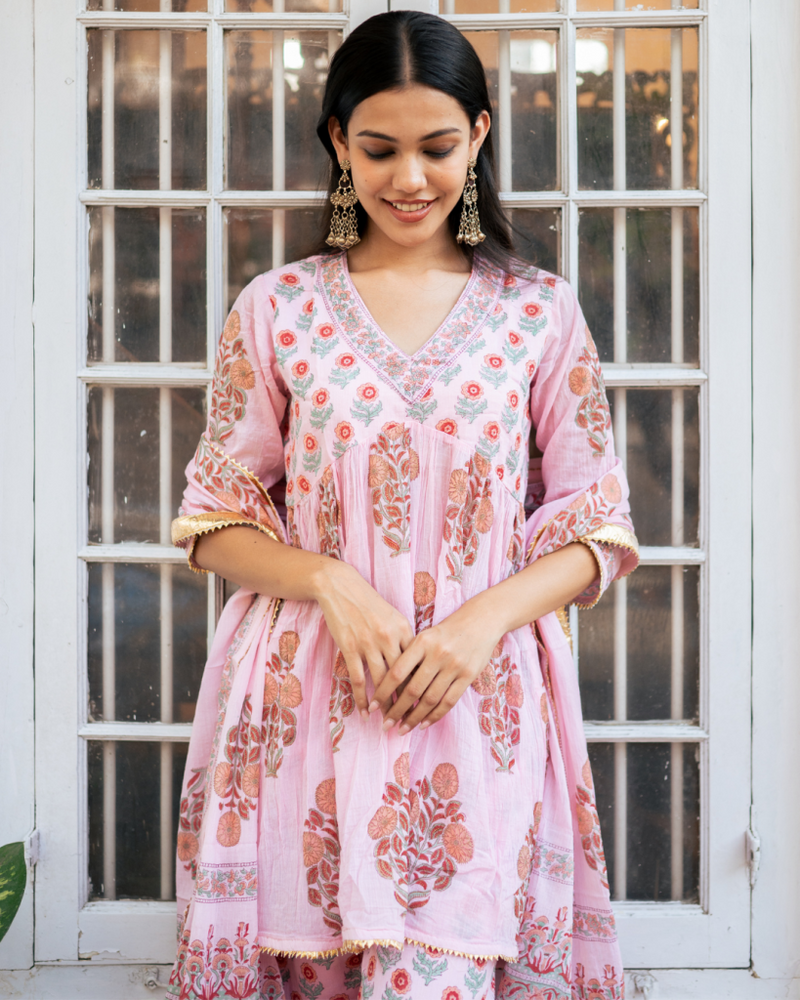 Pink Block Printed Short Kurta Set cotton by Maison Shefali in pink color for women Worldwide