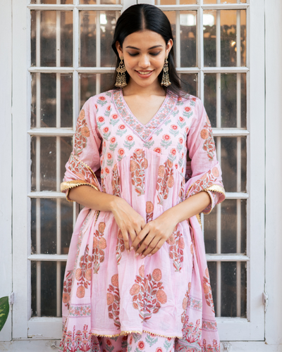 Pink Block Printed Short Kurta Set