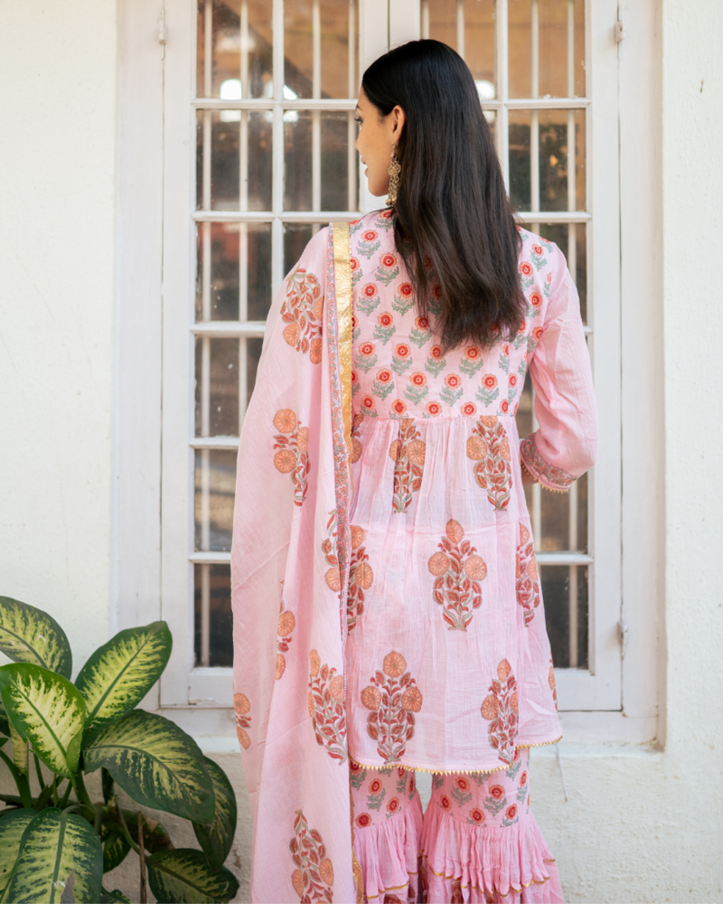 Pink Block Printed Short Kurta Set cotton by Maison Shefali in pink color for women Worldwide