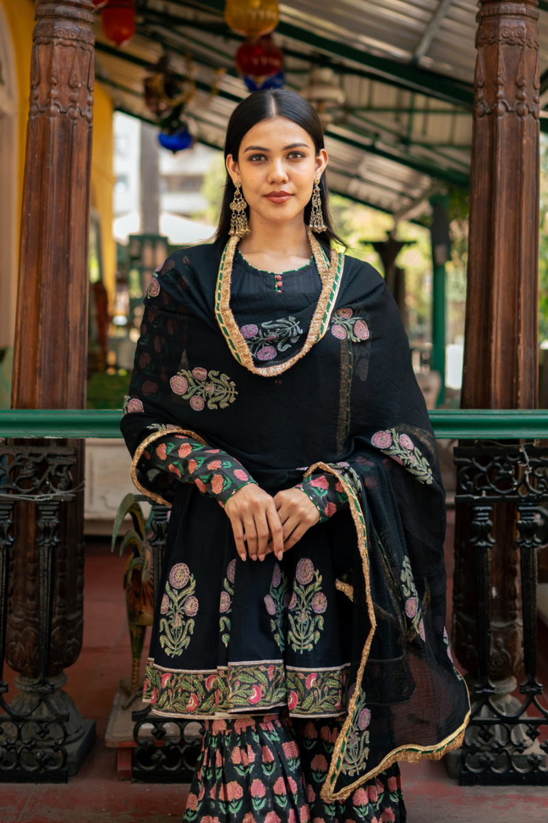 Black Block Printed Sharara Set cotton by Maison Shefali in black color for women Worldwide