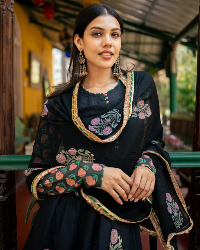 Black Block Printed Sharara Set cotton by Maison Shefali in black color for women Worldwide