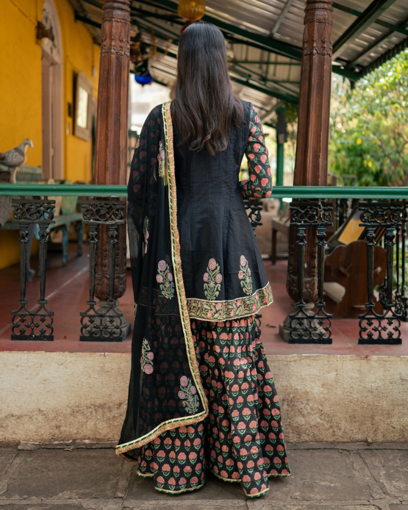 Black Block Printed Sharara Set cotton by Maison Shefali in black color for women Worldwide