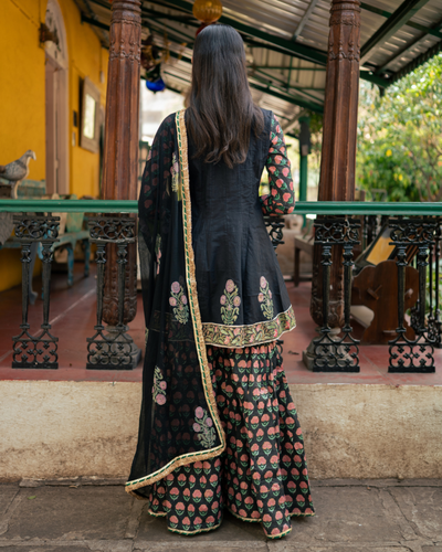 Black Block Printed Sharara Set