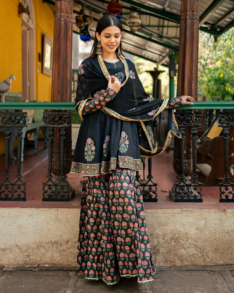 Black Block Printed Sharara Set cotton by Maison Shefali in black color for women Worldwide