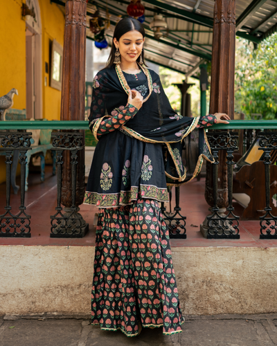 Black Block Printed Sharara Set