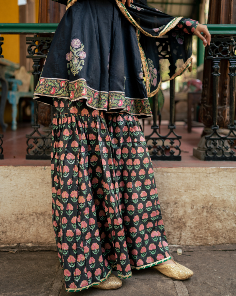 Black Block Printed Sharara Set cotton by Maison Shefali in black color for women Worldwide