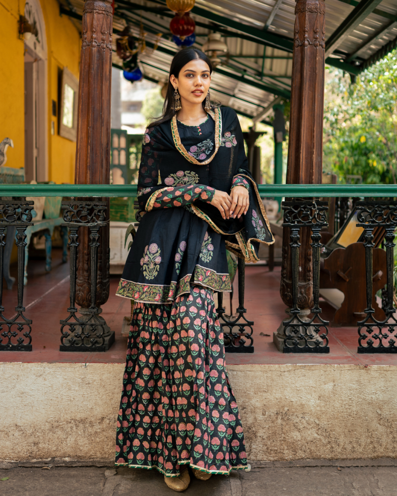 Black Block Printed Sharara Set cotton by Maison Shefali in black color for women Worldwide