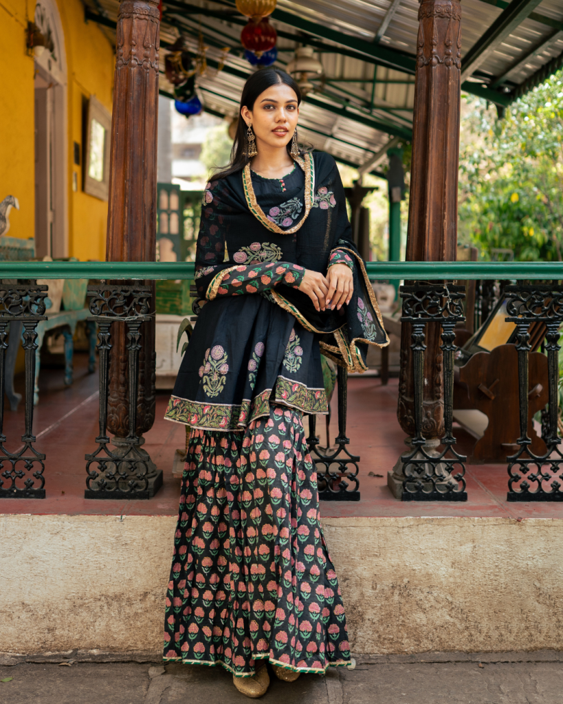 Black Block Printed Sharara Set