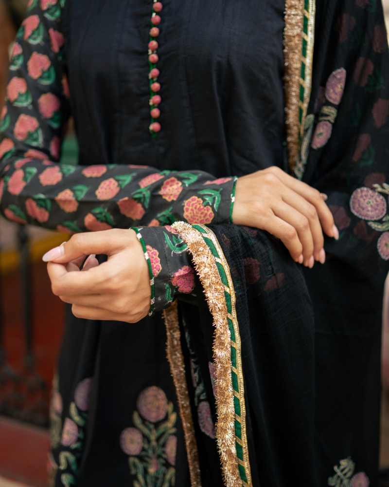 Black Block Printed Sharara Set cotton by Maison Shefali in black color for women Worldwide