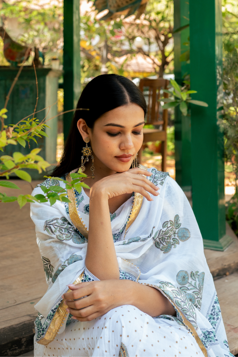 Mughal Blue Boota Anarkali Set cotton by Maison Shefali in blue color for women Worldwide