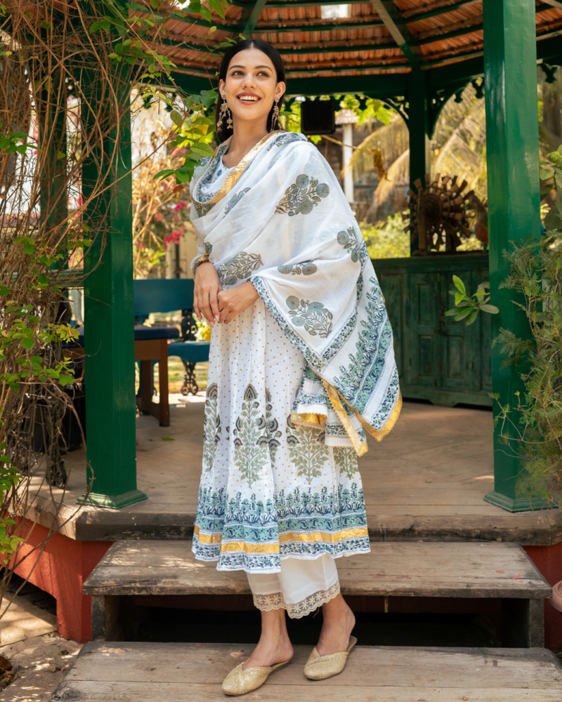 Mughal Blue Boota Anarkali Set cotton by Maison Shefali in blue color for women Worldwide