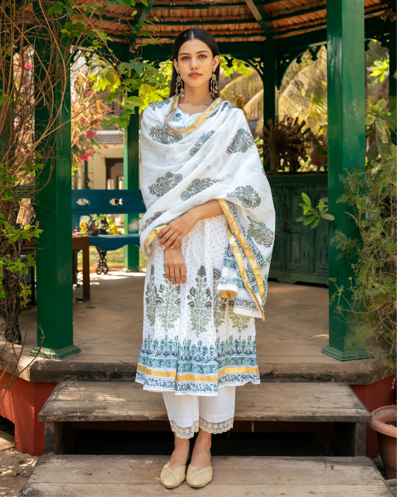 Mughal Blue Boota Anarkali Set cotton by Maison Shefali in blue color for women Worldwide