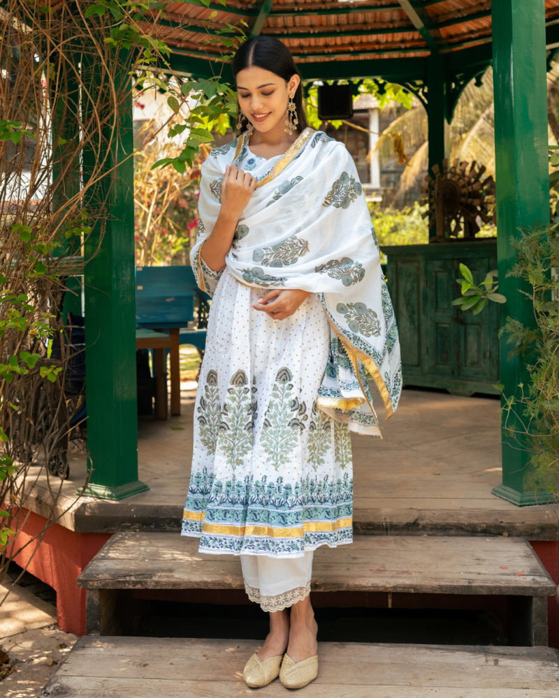 Mughal Blue Boota Anarkali Set cotton by Maison Shefali in blue color for women Worldwide