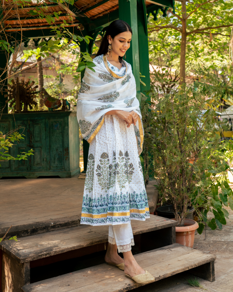 Mughal Blue Boota Anarkali Set cotton by Maison Shefali in blue color for women Worldwide