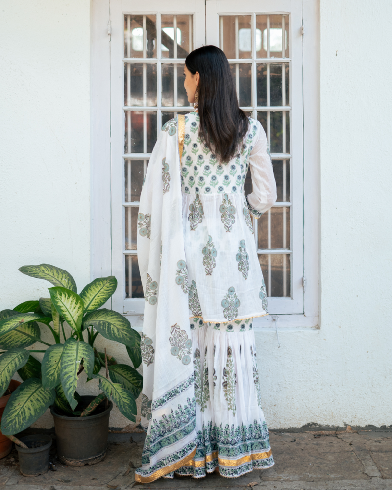 Blue Block Printed Short Kurta Set cotton by Maison Shefali in blue color for women Worldwide