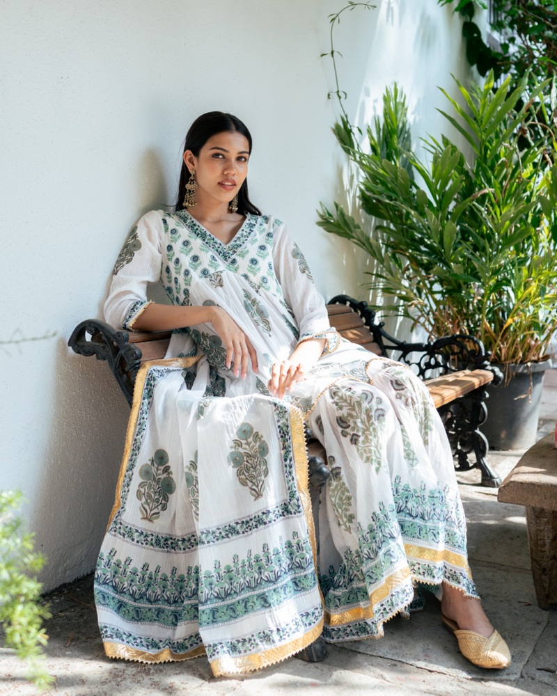 Blue Block Printed Short Kurta Set cotton by Maison Shefali in blue color for women Worldwide
