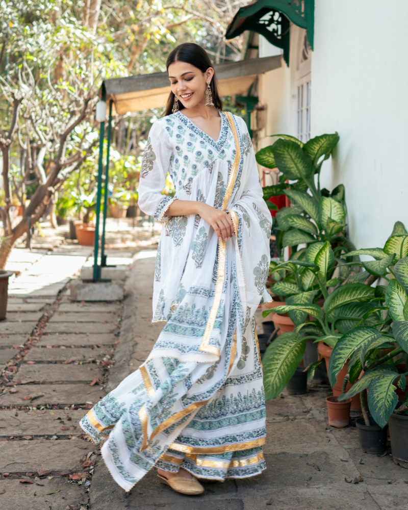 Blue Block Printed Short Kurta Set cotton by Maison Shefali in blue color for women Worldwide