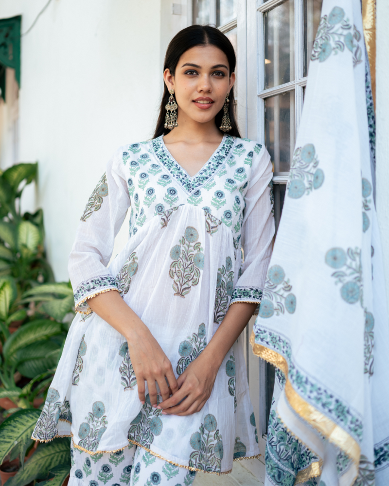 Blue Block Printed Short Kurta Set cotton by Maison Shefali in blue color for women Worldwide