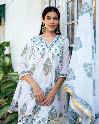 Blue Block Printed Short Kurta Set