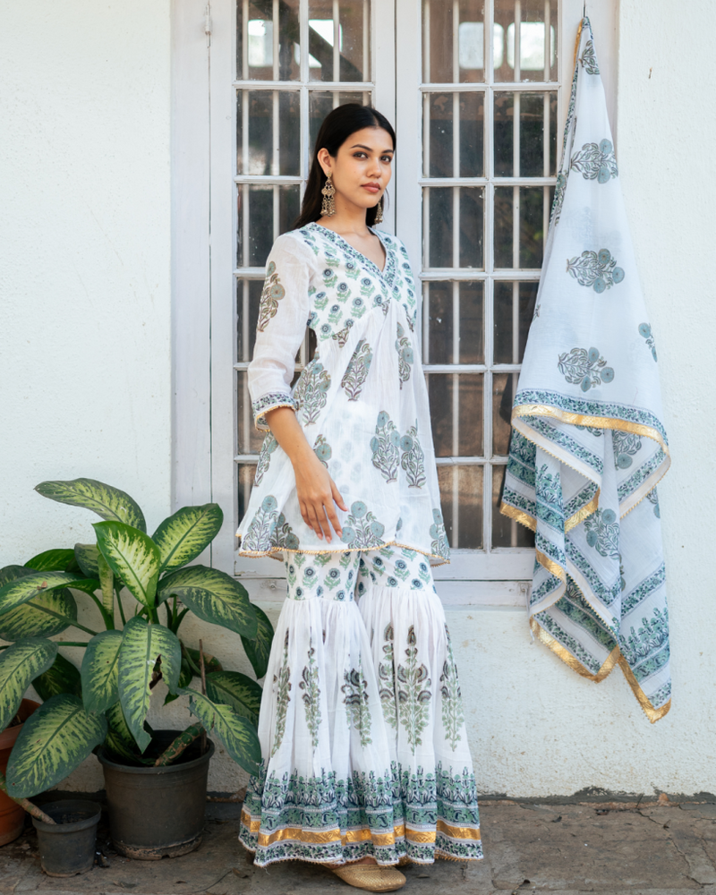 Blue Block Printed Short Kurta Set cotton by Maison Shefali in blue color for women Worldwide