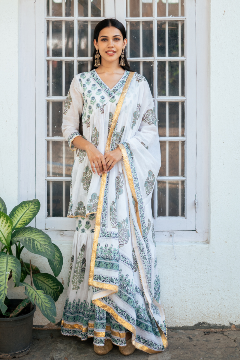 Blue Block Printed Short Kurta Set cotton by Maison Shefali in blue color for women Worldwide
