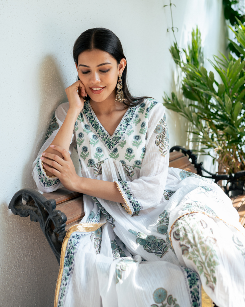 Blue Block Printed Short Kurta Set cotton by Maison Shefali in blue color for women Worldwide