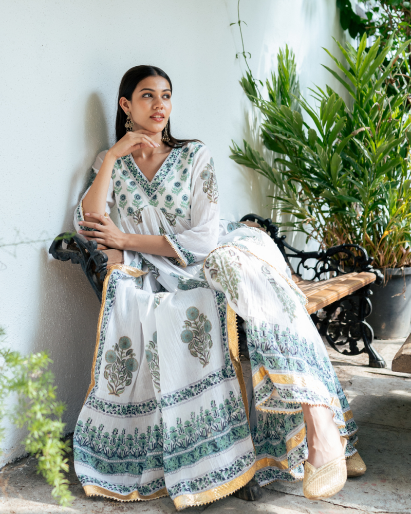 Blue Block Printed Short Kurta Set cotton by Maison Shefali in blue color for women Worldwide