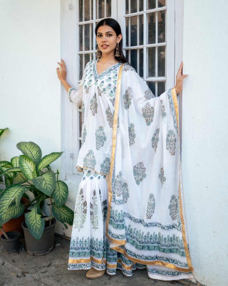 Blue Block Printed Short Kurta Set cotton by Maison Shefali in blue color for women Worldwide