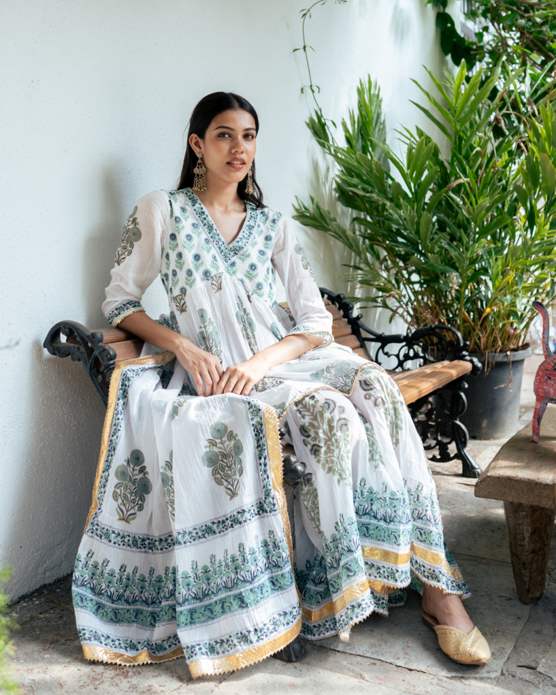 Blue Block Printed Short Kurta Set cotton by Maison Shefali in blue color for women Worldwide