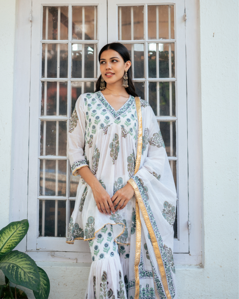 Blue Block Printed Short Kurta Set cotton by Maison Shefali in blue color for women Worldwide