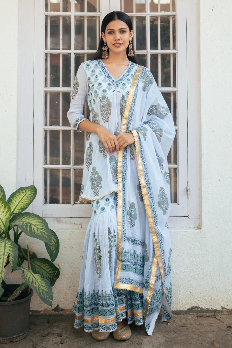 Powder Blue Block Printed Sharara Set cotton by Maison Shefali in blue color for women Worldwide
