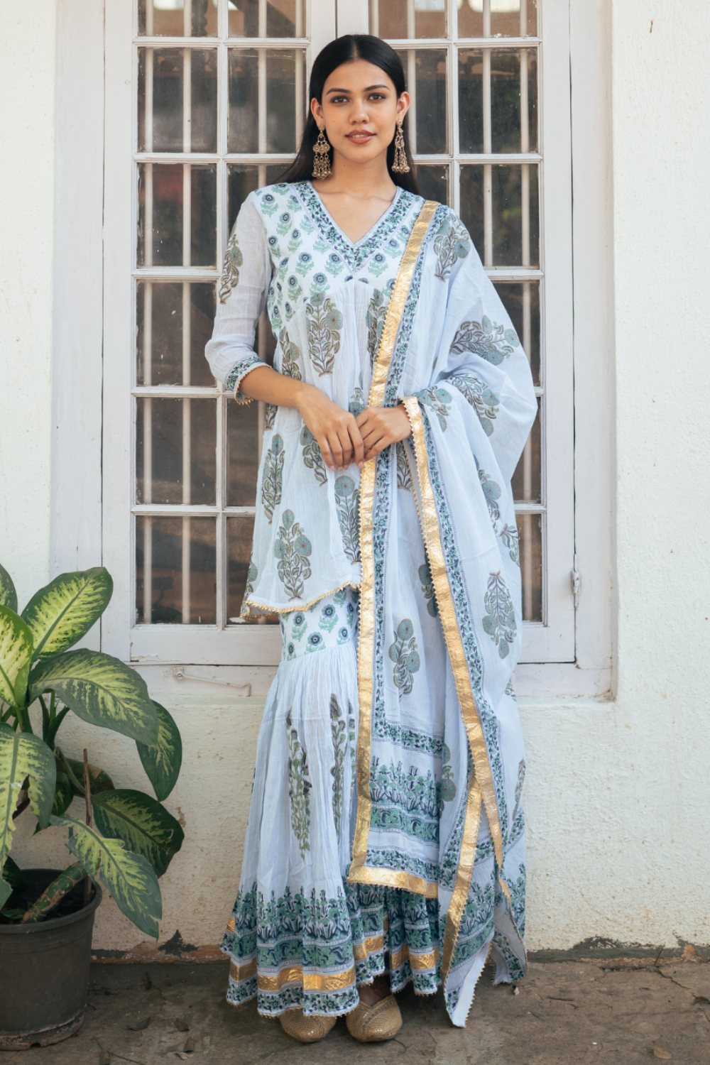 Powder Blue Block Printed Sharara Set