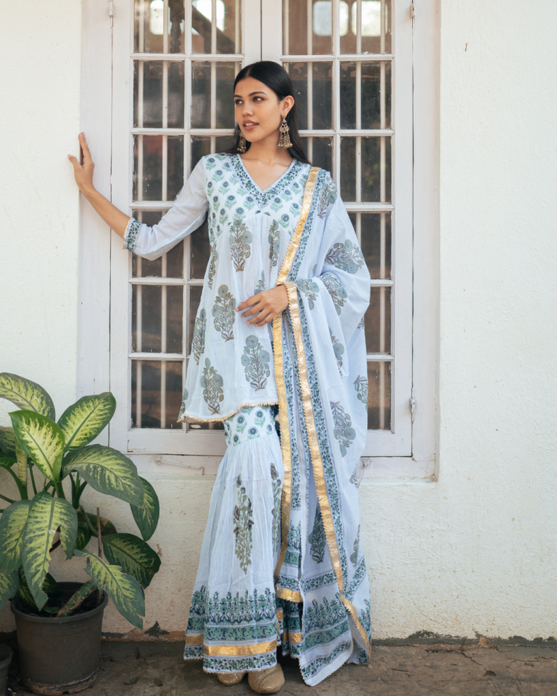 Mughal Powder Blue Boota Anarkali Set cotton by Maison Shefali in blue color for women Worldwide